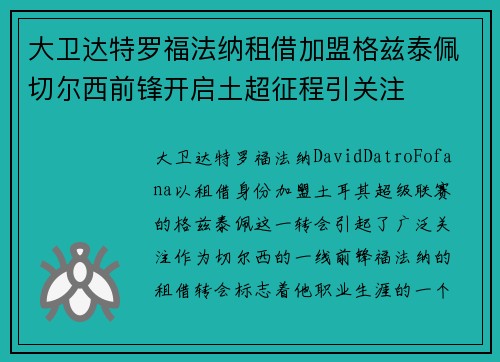 大卫达特罗福法纳租借加盟格兹泰佩切尔西前锋开启土超征程引关注